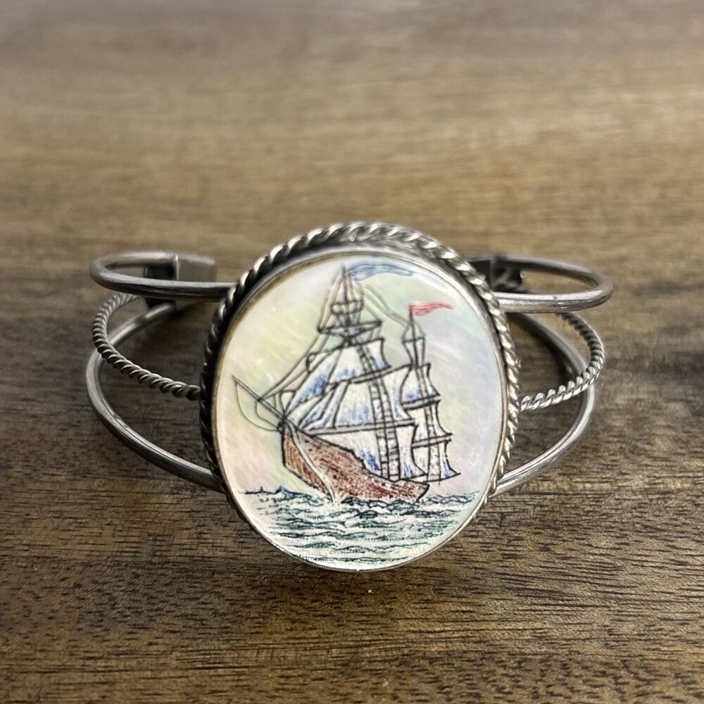 Lot Of 3 Vintage Silver Tone Mother Of Pearl Ship Cuff Bracelets - Picture 3 of 6